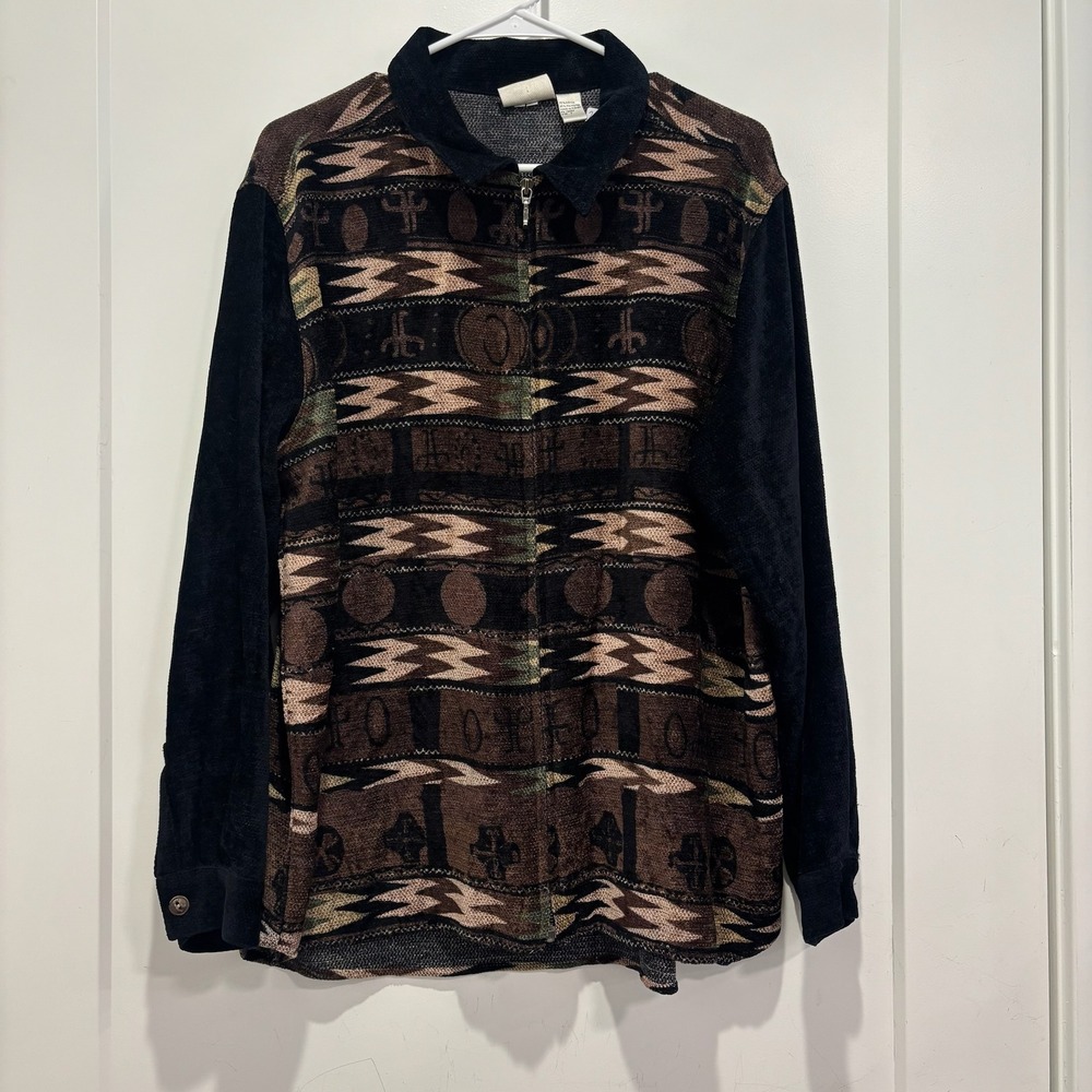 VTG Chicos Design Southwestern Full Zip Jacket Brown Green Geometric Mens XL